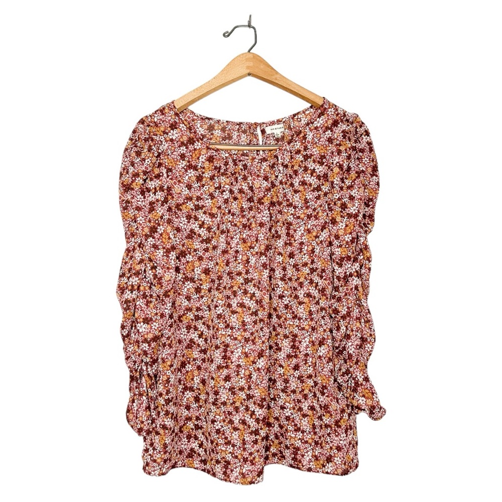 Max Studio‎ Floral Print Ruched Sleeve Blouse Large L